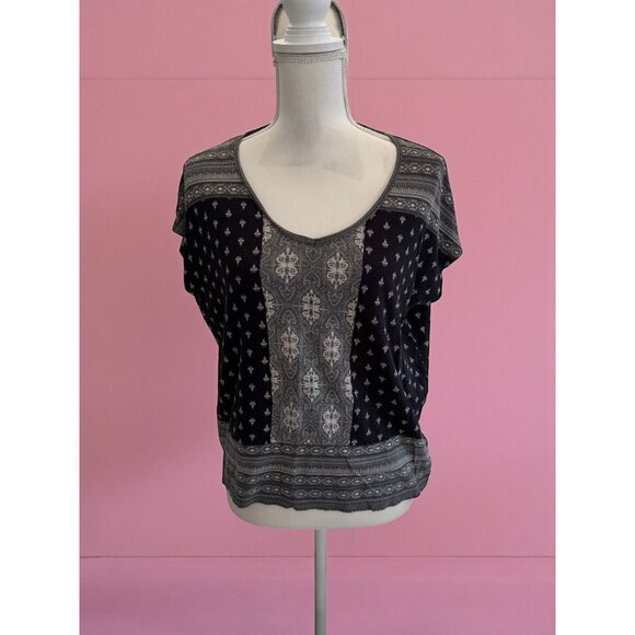 LUCKY BRAND Black White Cap Sleeve Top Size Large - Picture 1 of 7